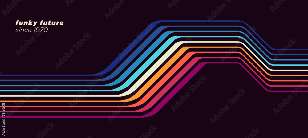 Poster abstract 1970s background design in a futuristic retro style with colorful stripes. vector illustrat