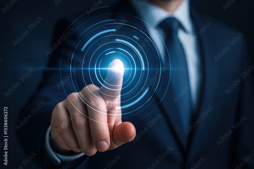 Poster a businessman interacts with a glowing circular digital interface symbolizing control innovation and