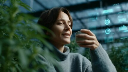 Close-up of a mature woman holding and drinking tea in a greenhouse with cannabis plants. Data visualizations overlay the setting, implying technologically advanced agriculture. - Powered by Adobe