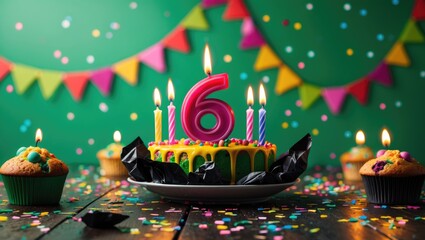 Colorful background decorated with festive garlands and a muffin on a green polka dot background. Copy space. Beautiful background featuring burning candles.
