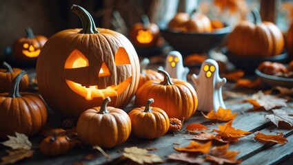 Carving Jack o lantern pumpkin, glowing ghosts and spiders on table in living room. Spooky Halloween decorations creating an atmospheric ambiance, with space for text. Happy Halloween!