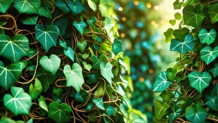 A lush natural texture formed by a dense cluster of green vine leaves with twisting tendrils, showcasing a vibrant display of climbing plants in a rich green environment.