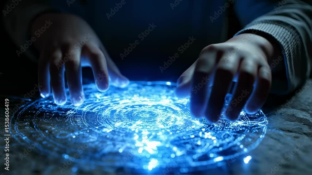 Aufkleber child's hands explore a glowing circular interface, possibly representing a medical science visualiz