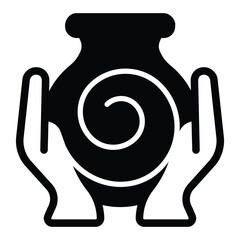Clay jug with twirl in hands solid icon, pottery making concept. Vector graphics. Hands with clay jug, manual molding sign on white background, style mobile or design.