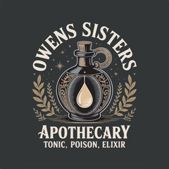 Owens Sisters Apothecary Logo Design Featuring Ornate Dark Bottle Gold Elixir Drop Beige Text on Black Background