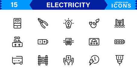 Electricity Icon Collection with Power, Energy, Electrical Equipment, Circuit, and Renewable Energy Symbols in a Simple, Marketable Design