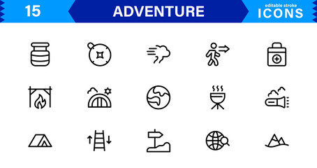 Adventure Icon Set Representing Exploration, Travel, Outdoors, Hiking, and Expedition Symbols in a Clean, Creative, and Marketable Vector Style