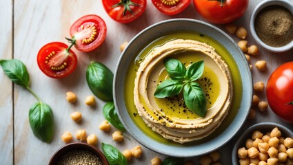 Bowl with hummus, chickpea, tahini, olive oil, sesame seeds, cherry tomatoes, and herbs on a white rustic wooden background. Food frame space. Middle eastern cuisine. Top view. Hummus background