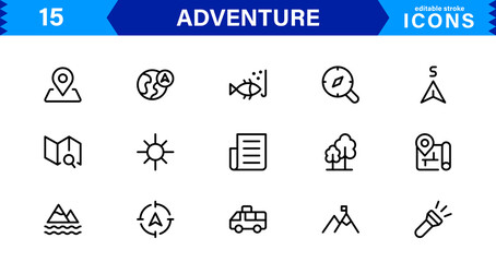 Adventure Icon Set Representing Exploration, Travel, Outdoors, Hiking, and Expedition Symbols in a Clean, Creative, and Marketable Vector Style