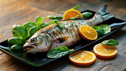 Delicious roasted dorado or sea bream fish with lemon and orange slices, spices, fresh rosemary, and spinach served on a black plate on an old dark wooden table, viewed from above.