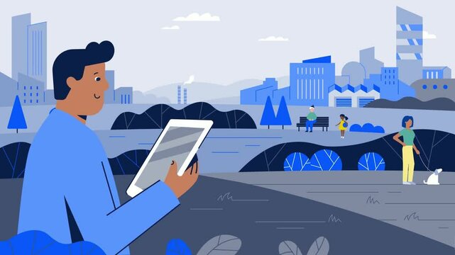 Man Reading on Tablet by the River Animation