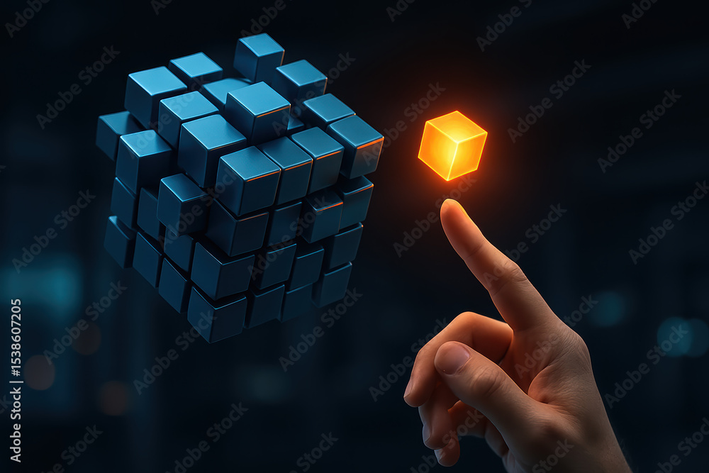 Poster innovation and strategy are illustrated by a glowing cube detached from a complex structure with a p