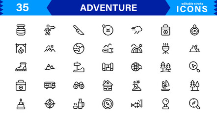 Adventure Icon Set Representing Exploration, Travel, Outdoors, Hiking, and Expedition Symbols in a Clean, Creative, and Marketable Vector Style