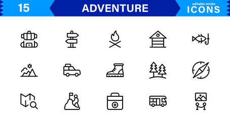 Adventure Icon Set Representing Exploration, Travel, Outdoors, Hiking, and Expedition Symbols in a Clean, Creative, and Marketable Vector Style