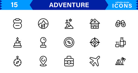 Adventure Icon Set Representing Exploration, Travel, Outdoors, Hiking, and Expedition Symbols in a Clean, Creative, and Marketable Vector Style