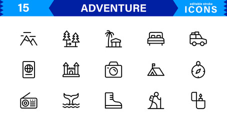 Adventure Icon Set Representing Exploration, Travel, Outdoors, Hiking, and Expedition Symbols in a Clean, Creative, and Marketable Vector Style