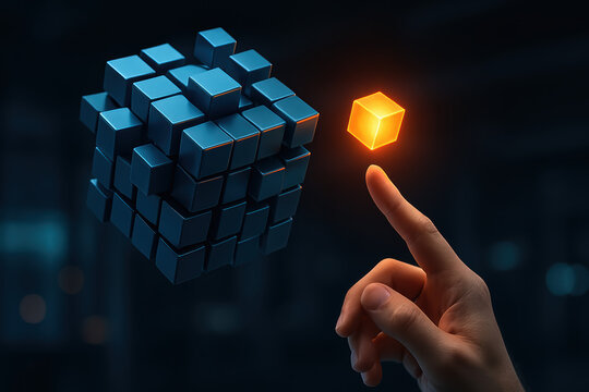 Innovation and strategy are illustrated by a glowing cube detached from a complex structure with a poised to integrate it seamlessly