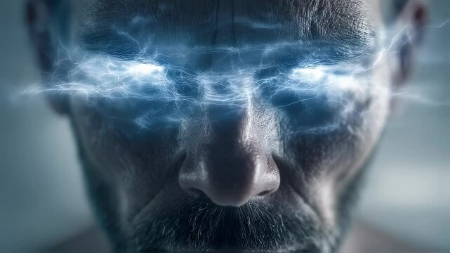 Visual representation of a man experiencing the neurological phenomenon of visual aura, characterized by flashing lights and distorted vision, often preceding a migraine attack