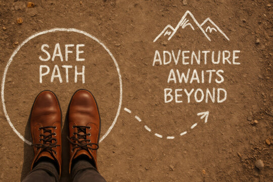 Confidence in decision-making is symbolized by a pair leather boots standing firmly on a secure path while new opportunities lie just beyond