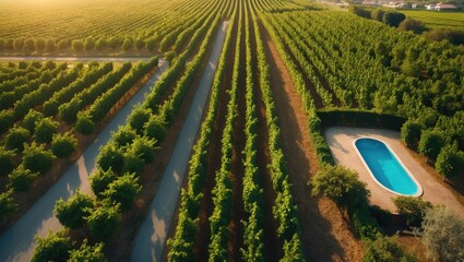 Aerial view of farm garden pattern showing ripe orange citrus fruits hanging on trees, close-up of fruit orchards in a sunlit garden captured by drone, turn slide. Organic healthy farming. Pattern