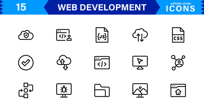 Modern Web Development Icon Set Featuring Coding, Websites, Programming, Design, and Development Concepts in a Professional, Clean Vector Style