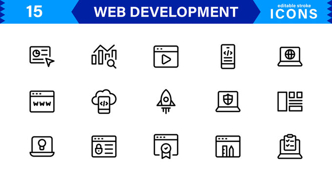 Modern Web Development Icon Set Featuring Coding, Websites, Programming, Design, and Development Concepts in a Professional, Clean Vector Style
