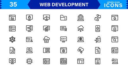 Modern Web Development Icon Set Featuring Coding, Websites, Programming, Design, and Development Concepts in a Professional, Clean Vector Style