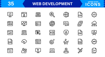 Modern Web Development Icon Set Featuring Coding, Websites, Programming, Design, and Development Concepts in a Professional, Clean Vector Style