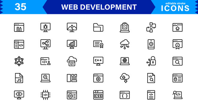 Modern Web Development Icon Set Featuring Coding, Websites, Programming, Design, and Development Concepts in a Professional, Clean Vector Style