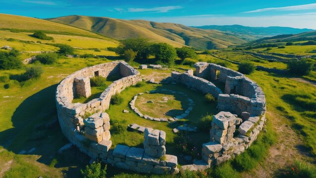 Aerial view of the Seruci nuragic complex, an essential archaeological site from the Bronze and Iron Ages situated in the Gonnesa municipality in southern Sardinia, Italy.
