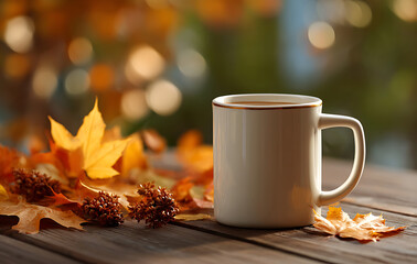 White Mug of Hot Drink on Wooden Table with Autumn Leaves