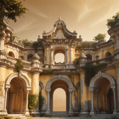 Obraz premium Old ruined palace with trees and vines, under a beautiful golden sky. 