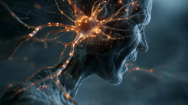 Neuron degeneration visualization shows an elderly person grimacing in pain as neurons degenerate and glow orange, illustrating the concept of aging and cognitive decline