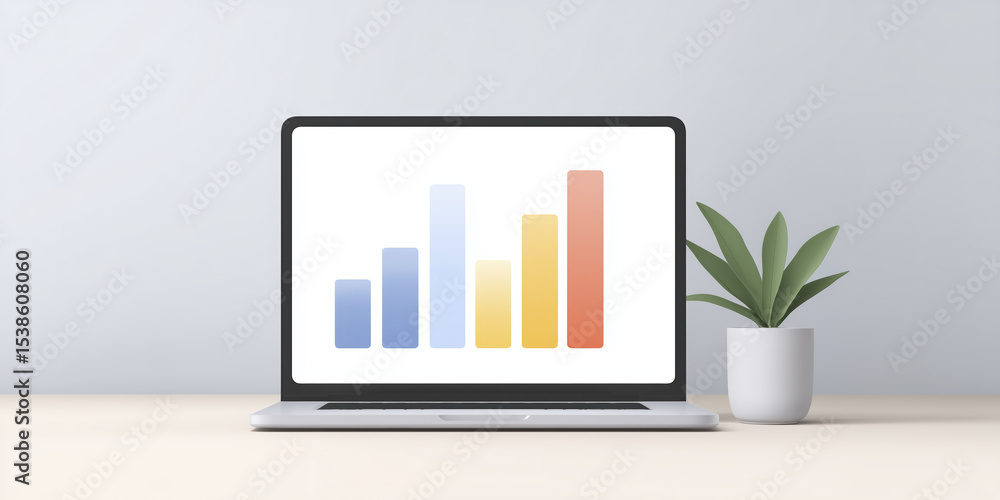 Poster laptop displaying colorful bar graph on screen, placed on a minimalistic desk with a potted plant, r