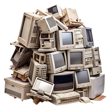 A pile of old broken computers isolated on transparent background
