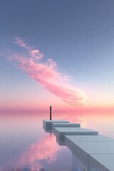 Pink Sunset Over Calm Water With Minimalist Platform