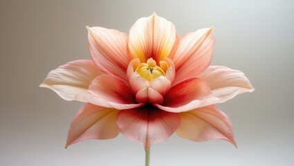 Fototapeta premium A delicate, symmetrical flower with soft, pastel pink petals and intricate veining. The flower features a unique, butterfly-like shape with a bright yellow center.