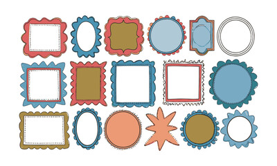 Vector illustration featuring a diverse collection of hand-drawn whimsical frames in various shapes, rectangles, squares, ovals, circles, and scalloped edges, easily editable and scalable.
