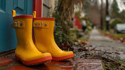 Yellow Rubber Rain Boots by Door on Rainy Day