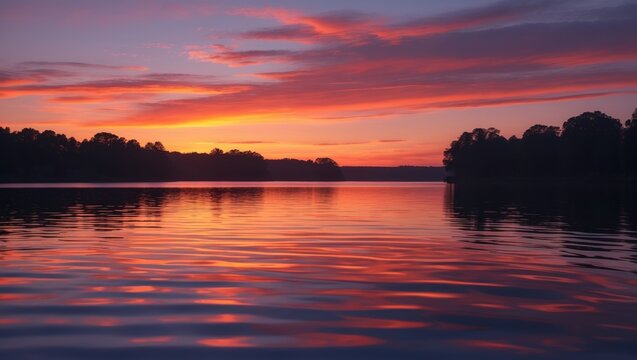 Fototapeta A peaceful lake at sunset featuring a glowing orange and purple sky. Dark clouds and distant mountains are mirrored on the water's surface, producing a tranquil and serene evening atmosphere.