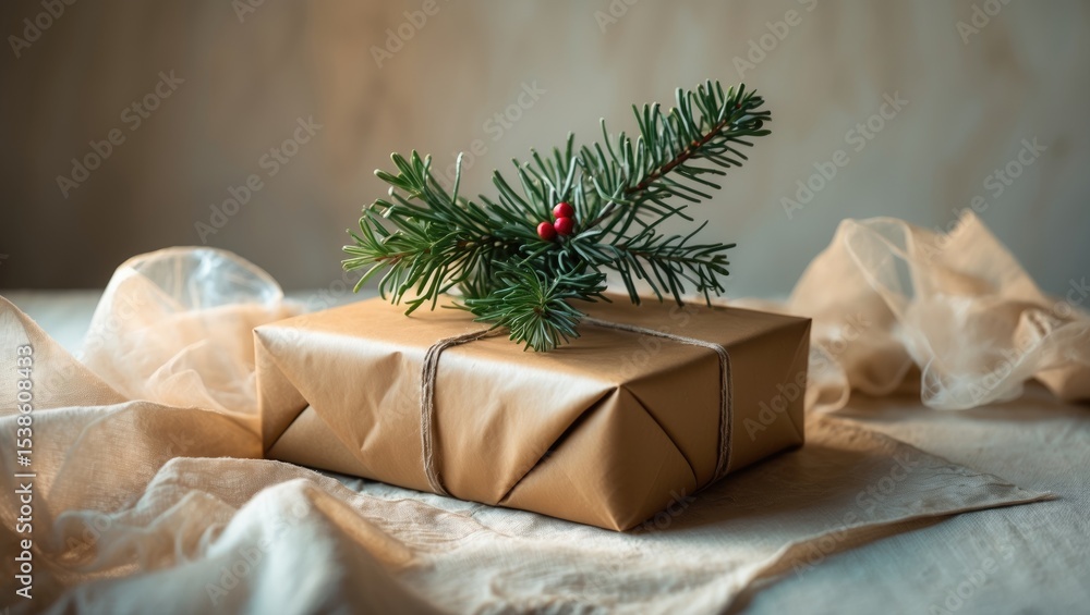 Poster gift box wrapped in brown craft paper with a pine branch tied using red and white thread. red string