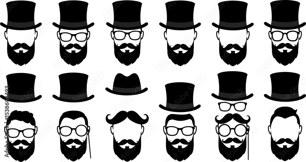 Poster Gentleman vector set with top hats beards and mustaches vector illustration graphic design element editable stock vector illustration