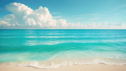 Fototapeta premium Calm sea and white sand on beach. Minimal summer wallpaper background with space for text. Mediterranean tropical beach scenery. Pastel soft colorful sunny sky, seaside panorama. Blue seascape scenery