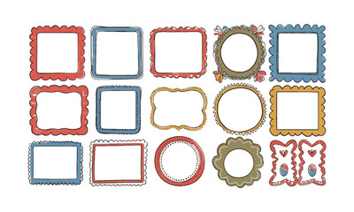 Vector illustration featuring a diverse collection of hand-drawn whimsical frames in various shapes, rectangles, squares, ovals, circles, and scalloped edges, easily editable and scalable.
