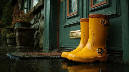 Yellow Rubber Rain Boots by Doorway on Rainy Day