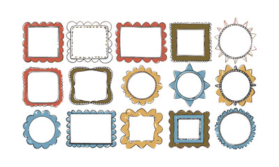 Vector illustration featuring a diverse collection of hand-drawn whimsical frames in various shapes, rectangles, squares, ovals, circles, and scalloped edges, easily editable and scalable.
