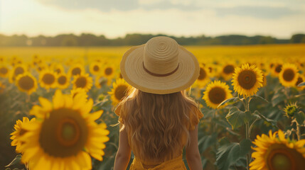 Unrecognizable woman with open arms in sunflowers field. Yellow colors, warm toning. Free girl in straw hat and retro dress. Vintage timeless fashion, amazing adventure, countryside, rural scene