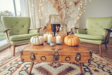 Cozy autumn living room with pumpkin decor and vintage furniture