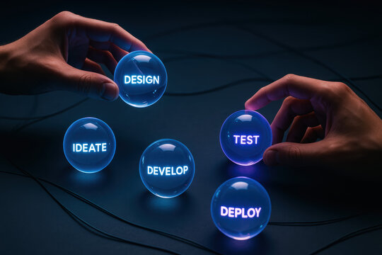 The symbolizes the progression a business process through stages innovation planning creation evaluation and implementation using glowing spheres