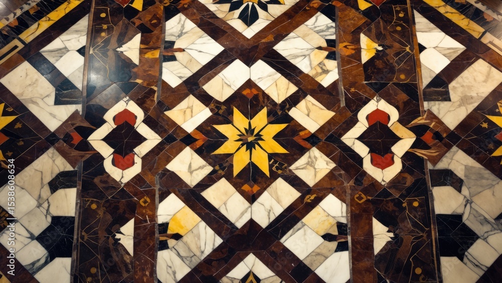 Poster detailed close-up of a marble mosaic floor, highlighting complex geometric patterns and colorful int